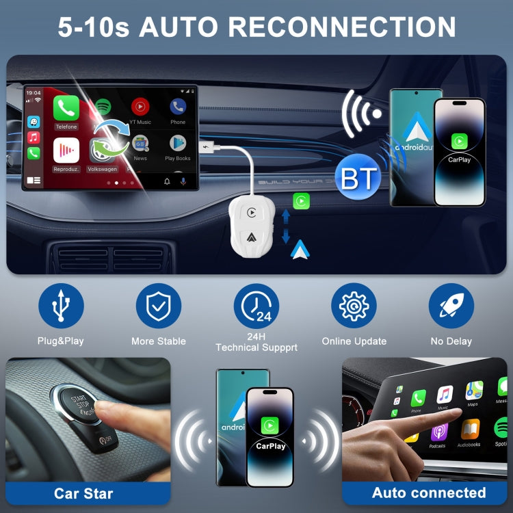 THT-020-9 USB + USB-C Wired to Wireless Carplay/Android device, compact and sleek design for seamless connectivity.
